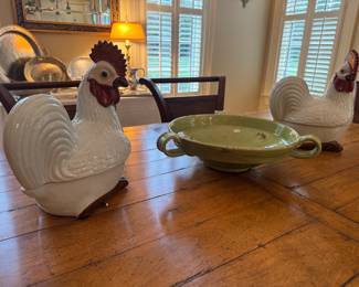 Maitland Smith Matching Rooster Cookie Jars & Fortunata Green Ceramic Bowl Made in Italy