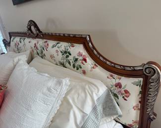 French Louis XIV Style Eastern King Floral Motif Upholstered Bed (86"W x 52" Headboard Height / 32" Footboard Height)