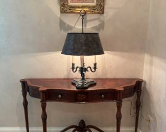 Maitland Smith Flame Mahogany And Satinwood Marquetry Demilune 2 Drawer Console Table (15"D x 52"W x 32-1/2"H) with Maitland Smith Bronze Bouilette Lamp & Framed Original Oil on Canvas of Landscape - Unsigned (17"W x 16"H)