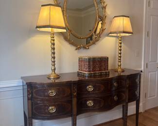Drexel Heritage Heirloom 6 Drawer Mahogany Inlay Sideboard (24"D x 72"W x 38-1/2"H) & Gilt Gold Leaf Feathered Wood Framed Mirror (51"H x 37"W)