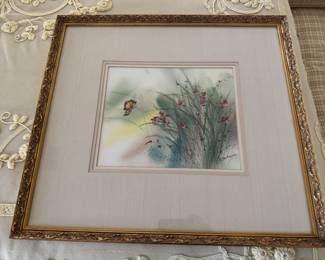 Framed Original Watercolor on Paper of Butterflies in the Grass Signed Illegible