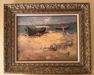 Framed Original Oil on Canvas of Boats on a Beach Scene Signed H. Josyuiko (32"W x 25"H)