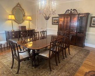 Drexel Heritage Heirloom Rounded Edge Rectangular Inlayed Mahogany Dining Table (48"W x 30"H x 74"L with 2 Leaves 22"L each) & Drexel Heritage Heirloom Mahogany Upholstered Seat Dining Chairs (25"W x 22"D x 40" Back Height / 2 Armchairs & 6 Side Chairs Available)