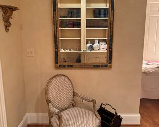 Louis XVI Style Upholstered Armchair & Gold Gilt Frame Top Ledge Wall Mirror (58"H x 40"W)