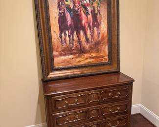 Henredon 3 Drawer Chest of Drawers (44"W x 19-1/2"D x 34"H) with Framed Original Oil on Canvas of Horse Race Signed R. Harris (30"W x 40"H)