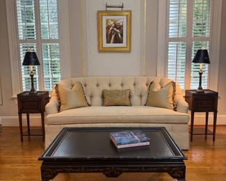 Kindel Tufted Upholstered Sofa with Bullion Fringe (80"W x 38"D x 35" Back Height) with Vintage Black Lacquer Chinoiserie Coffee Table (43"W x 28"D x 19"H) & Drexel Heritage 1 Drawer / Marble Topped Side Tables (14"W x 12"D x 28-1/2"H / 2 Available)