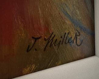 Framed Original Oil on Canvas Abstract Signed J. Miller (26"H x 22"W)