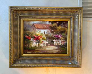 Framed Original Oil on Canvas of Cottage Landscape Signed Laura (24"W x 20"H)