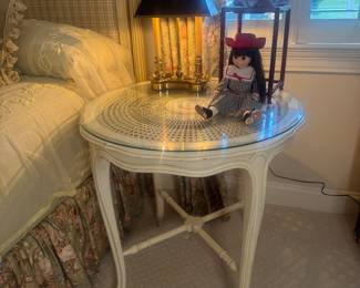 Round with Glass Top Caned French Louis XIV Side Table (27"D x 28"H)