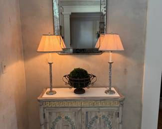 Granite Topped 2 Drawer Side Table (39"W x 15"D x 34"H) with Currey & Co. Distressed Finish Rectangular Wall Mirror (25-1/2"W x 40"H)