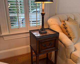 Drexel Heritage 1 Drawer / Marble Topped Side Tables (14"W x 12"D x 28-1/2"H / 2 Available) & The Bradburn Gallery Table Lamp (2 Available)