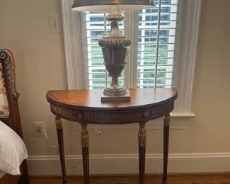 Louis XVI Demilune Side Table (2 Available / 15"D x 35"W x 32"H) with Festoni Table Lamp (2 Available)