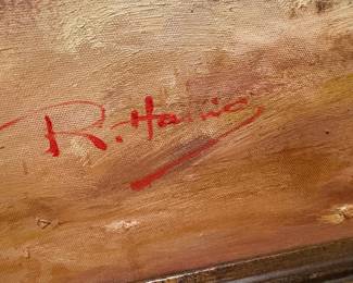 Framed Original Oil on Canvas of Horse Race Signed R. Harris (30"W x 40"H)