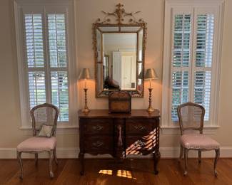 Baker Furniture Commode / Louis XV Country French Chest of 2 Drawers (21"D x 52"W x 34" H) & Friedman Brothers - Adam Style Gold Gilt Vertical Beveled Mirror (54"H x 34"W)