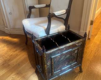 Maitland Smith Hand Painted Wood Bamboo Frame Magazine Rack with French Style Upholstered Armchair