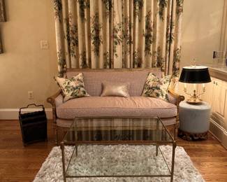 Lewis Mittman Clermont Sofa (67"W x 32"D x 35" Back Height) with Christopher Guy Harrison Round Upholstered Ottoman (17"D x 18"H) & Brass Rectangular Two Tiered Glass Coffee Table (36"W x 24"D x 19"H) & White Shag High Pile Rug (46"W x 62"L)