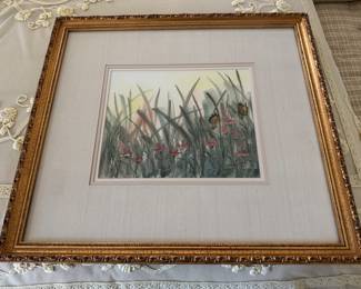 Framed Original Watercolor on Paper of Butterflies in the Grass Signed Illegible