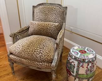 Leopard Print Armchair (27-1/2"W x 32"D x 39" Back Height) with Decorative Oval Garden Stool Made in Macau (14"D x 19"H)