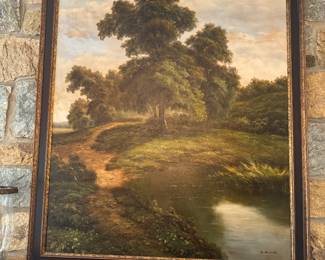 Framed Original Oil on Canvas Landscape by a River Signed S. Roark (41"W x 52"H)