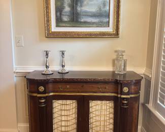 E.J. Victor Regency Style 2 Door / 1 Drawer Mahogany Inlay Sideboard/Buffet (18"D x 46-1/2"W x 35-1/2"H) with Framed Original Oil on Canvas Landscape Signed L. Stephano (33"H x 28-1/2"W)