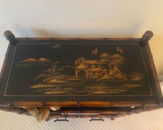 Black Lacquered Asian Motif Bamboo 3 Tier Bookshelf (24"W x 12"D x 34"H)