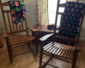 Pair of wooden rockers, crochet afghans