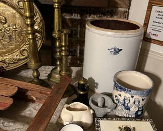 Large brass candlesticks, crock