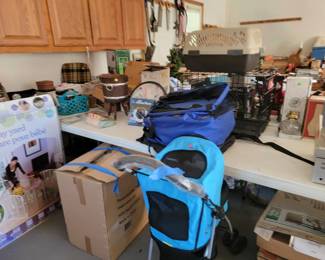 Doggie  stroller etc. Even dog shoes. Crate 