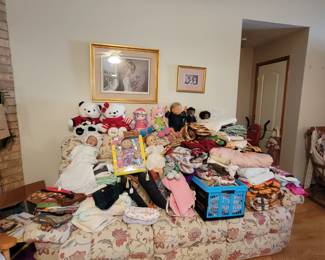 Hand made quilts,  dolls teddy bears, vintage gowns, linens