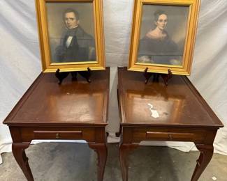 Pair of Wood Tea Tables Pair of Portraits