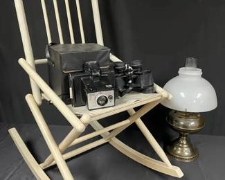 Wood Rocker, Lamp, Camera And Binoculars