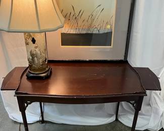 Wooden Table with Queen Ann Legs and Side Extension Lamp