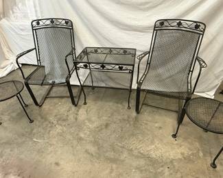 Vtg Wrought Iron Patio Set with 2 Chairs 3 Small Tables