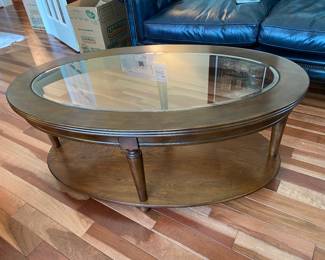 Glass-top and wood oval table 4’ long x 28” wide
