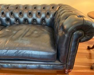 Stunning blue leather sofa with nailheads by Distinctive Chesterfields hand made in England, 90” long x 42” deep, looks barely used!
