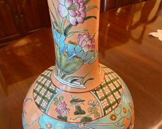Vintage Chinoiserie porcelain vase with lotus flowers & birds, 13 1/2” tall, made in Hong Kong