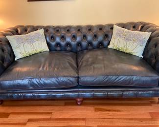 Stunning blue leather sofa by Distinctive Chesterfields hand made in England, 90” long x 42” deep, looks barely used!