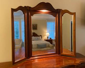 Unique Master Woodworkers, Winston-Salem, NC, long dresser with lighted mirror and adjustable side mirrors