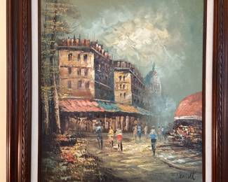 Paris Street Scene oil on canvas with linen mat and lovely frame. 28” T x 32” W