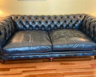 Stunning blue leather sofa by Distinctive Chesterfields hand made in England, 90” long x 42” deep, looks barely used!