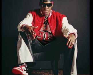 Dennis Rodman in red mink basketball jacket by FGM BESPOKE FURS.