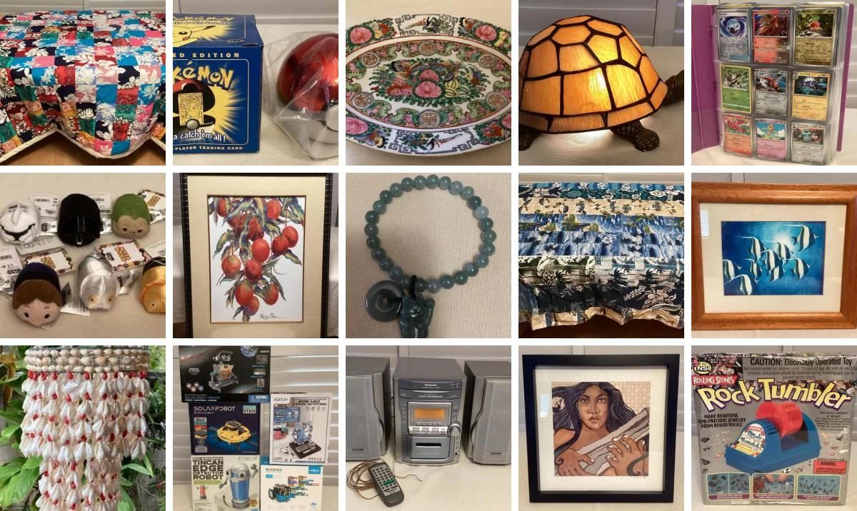 MILILANI FLASH SALE CTBids Online Auction • Bidding Ends 10/15/25 • Pickup 10/17/25      This Mililani FLASH sale features art, handmade Hawaiian patchwork quilts & blankets, kids activity kits, vintage famille rose medallion porcelain serving dishes, Waterford crystal, Tiffany style table lamps, Pokemon figurines and collectible trading cards, comics, trading cards, vintage clothing, shell lei, seashell chandeliers, bags, an iPad, fine jade jewelry, plants and so much more! Happy bidding!