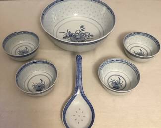 MFS007 Vintage Chinese Porcelain Rice Pattern Bowl Set New