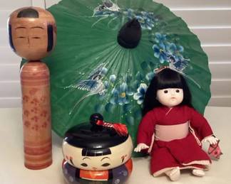 MFS044 Japanese Kokeshi Doll, Doll, Bowl Set & Chinese Umbrella