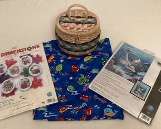 MFS090 Two Cross Stitch Kits, Sewing Basket & Swatch Of Fabric