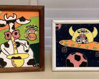 MFS103 Two Framed Original Paintings Of Whimsical Cows