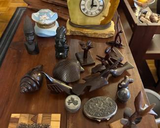 Onyx table clock and other wood collectibles 
