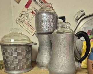 MCM Guardian Service hammered aluminum kitchenware. Hammered aluminum coffee pot, Percolator coffee pot and ice bucket w/ lid  