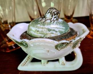 Milk glass. "2pcs. "Hen on a Sleigh" milk glass covered dish