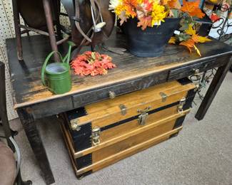 Black distressed finish library/harvest table w/ drawers and completely refinished inside and out antique wood truck w/ tray